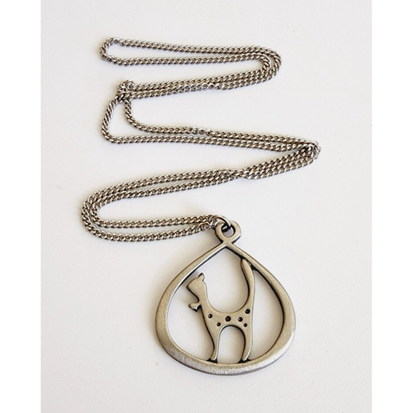 Vintage Signed R. TENNESMED SWEDEN Cat Modernist Pewter Pendant Chain - Picture 1 of 7